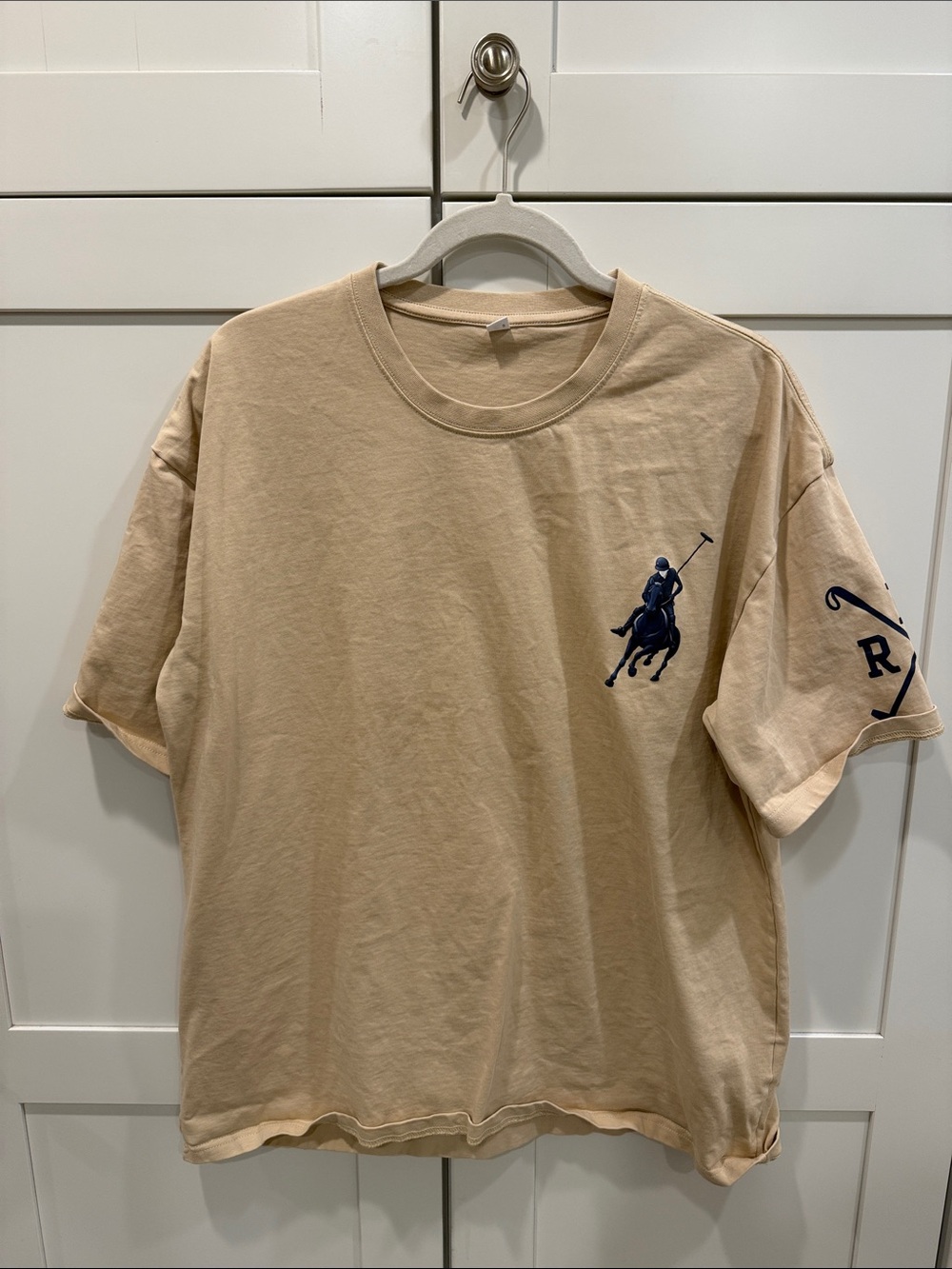 SHEIN Beige Short-Sleeve Tee with Navy Polo Motif
